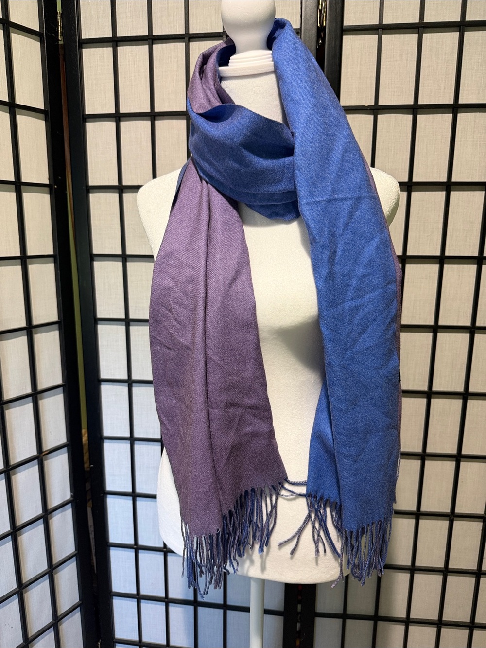 Cashmere Plum and Royal Blue Fringe Scarf - warm